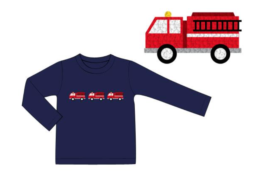 Fire Truck French Knot Long Sleeve T Shirt